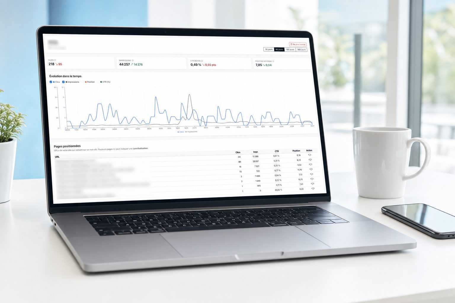 Fiche d'un mot-clé suivi avec la courbe Search Console, les pages positionnées et les requêtes associées