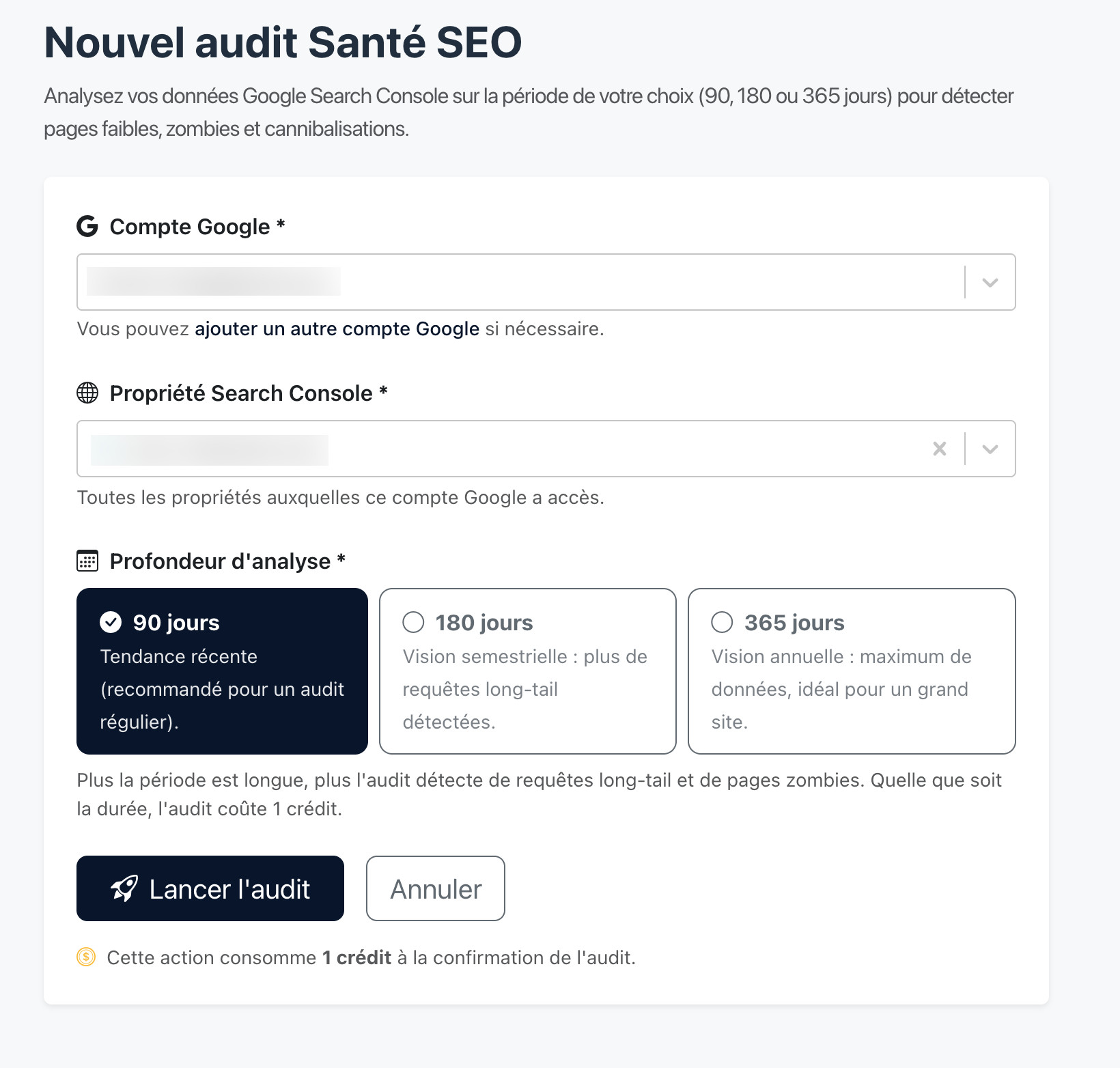 Formulaire de création d'un audit Santé SEO Horusium : choix de la propriété GSC et de la période (90, 180 ou 365 jours)