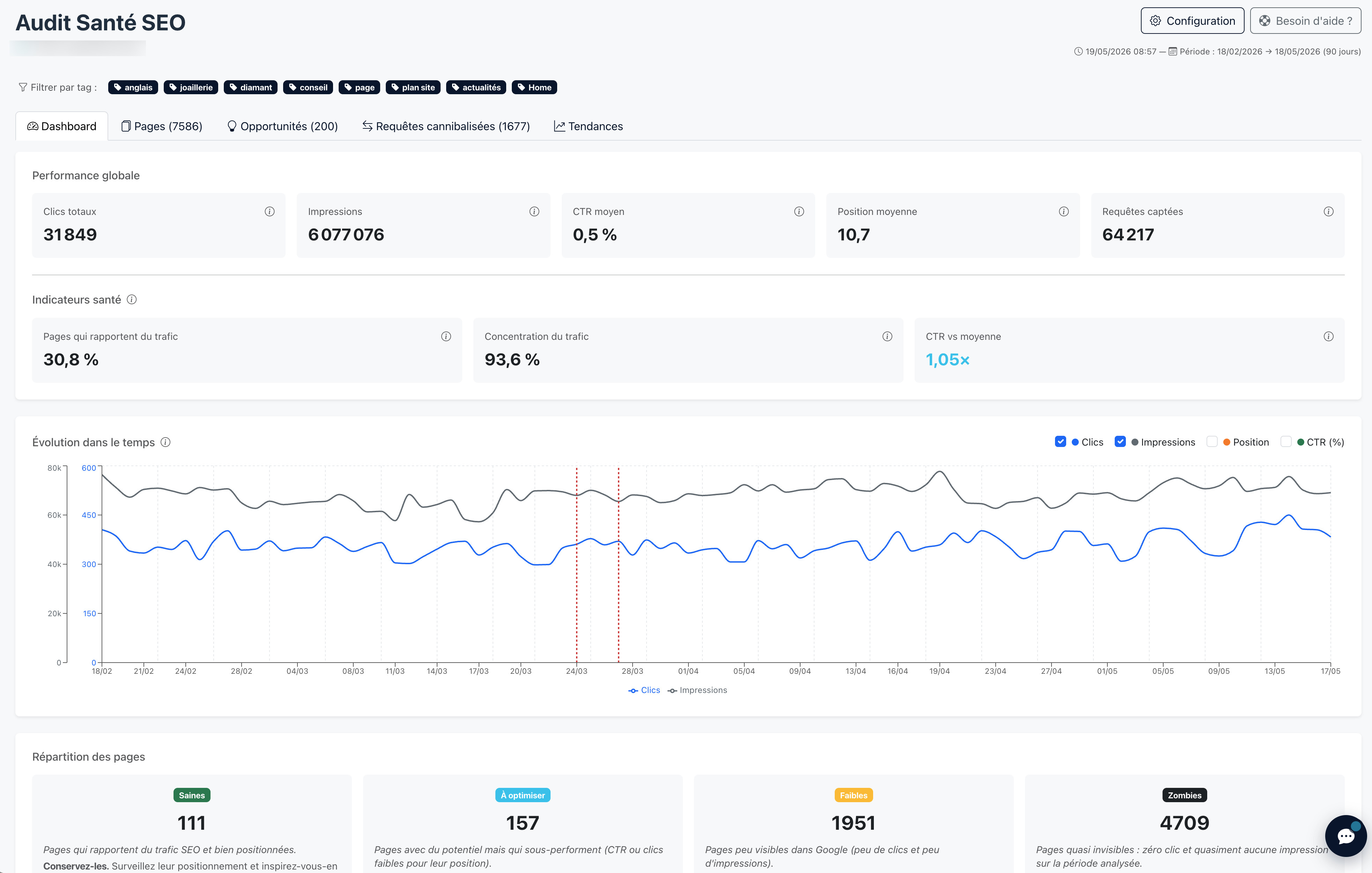 Dashboard Santé SEO Horusium : blocs Performance globale, Indicateurs santé et Répartition des pages par statut
