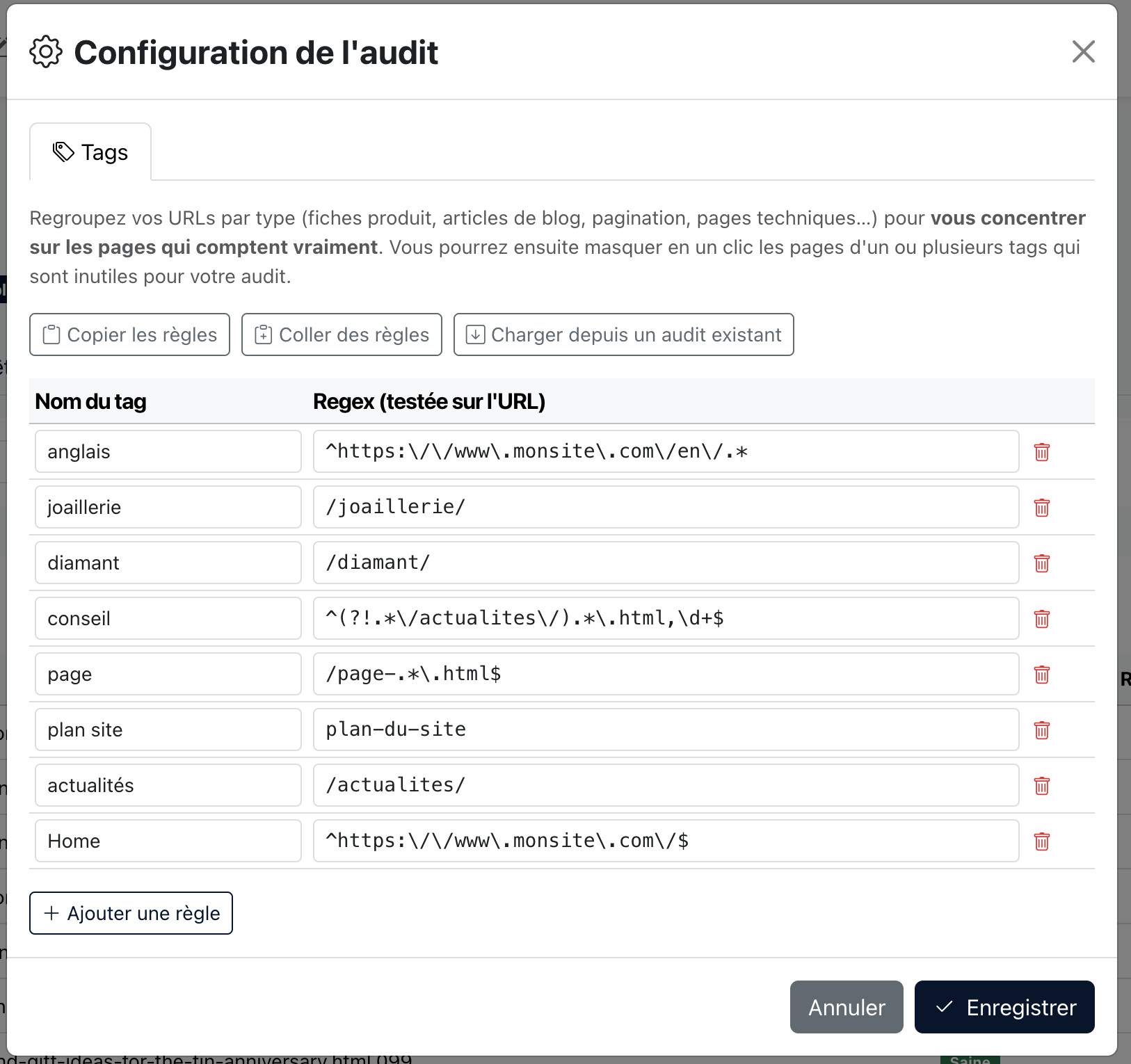 Configuration des tags par regex : règles nommées (joaillerie, diamant, conseil, actualités, anglais...) qui qualifient automatiquement les URLs