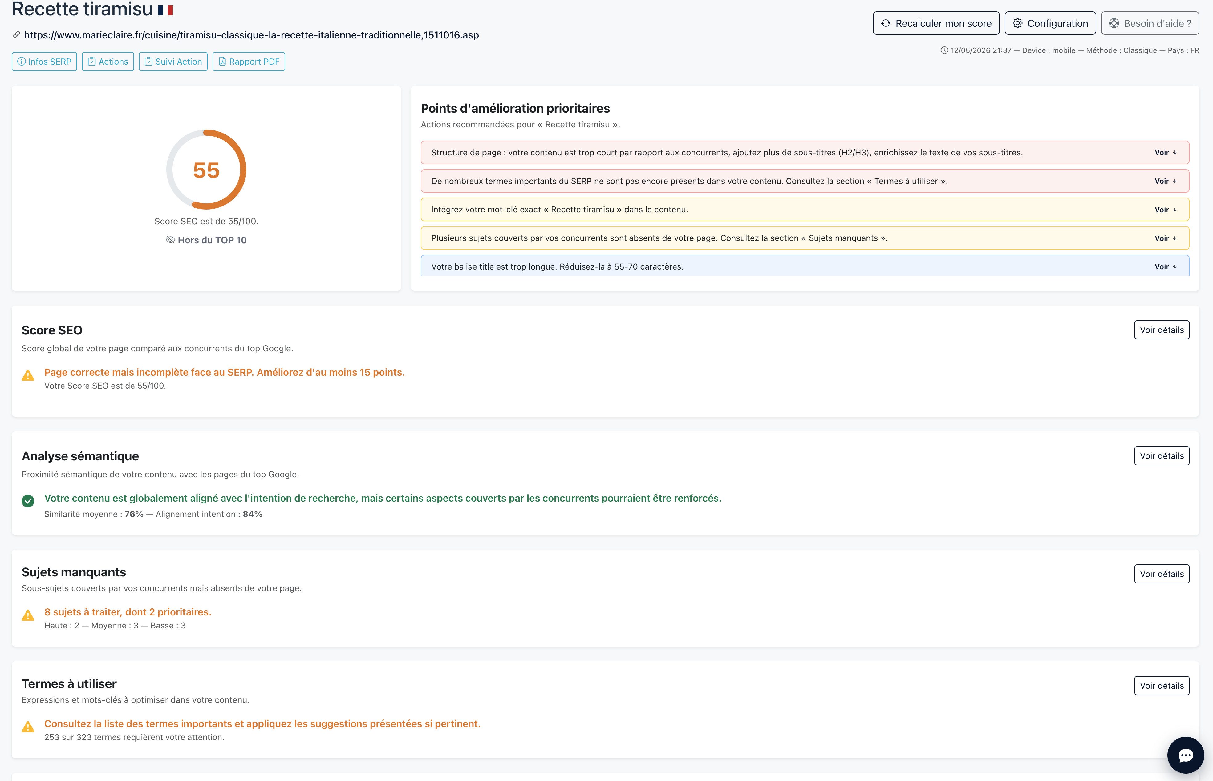 Vue d'ensemble d'un audit SEO Horusium : score sur 100, position SERP, modules d'analyse et plan d'action priorisé