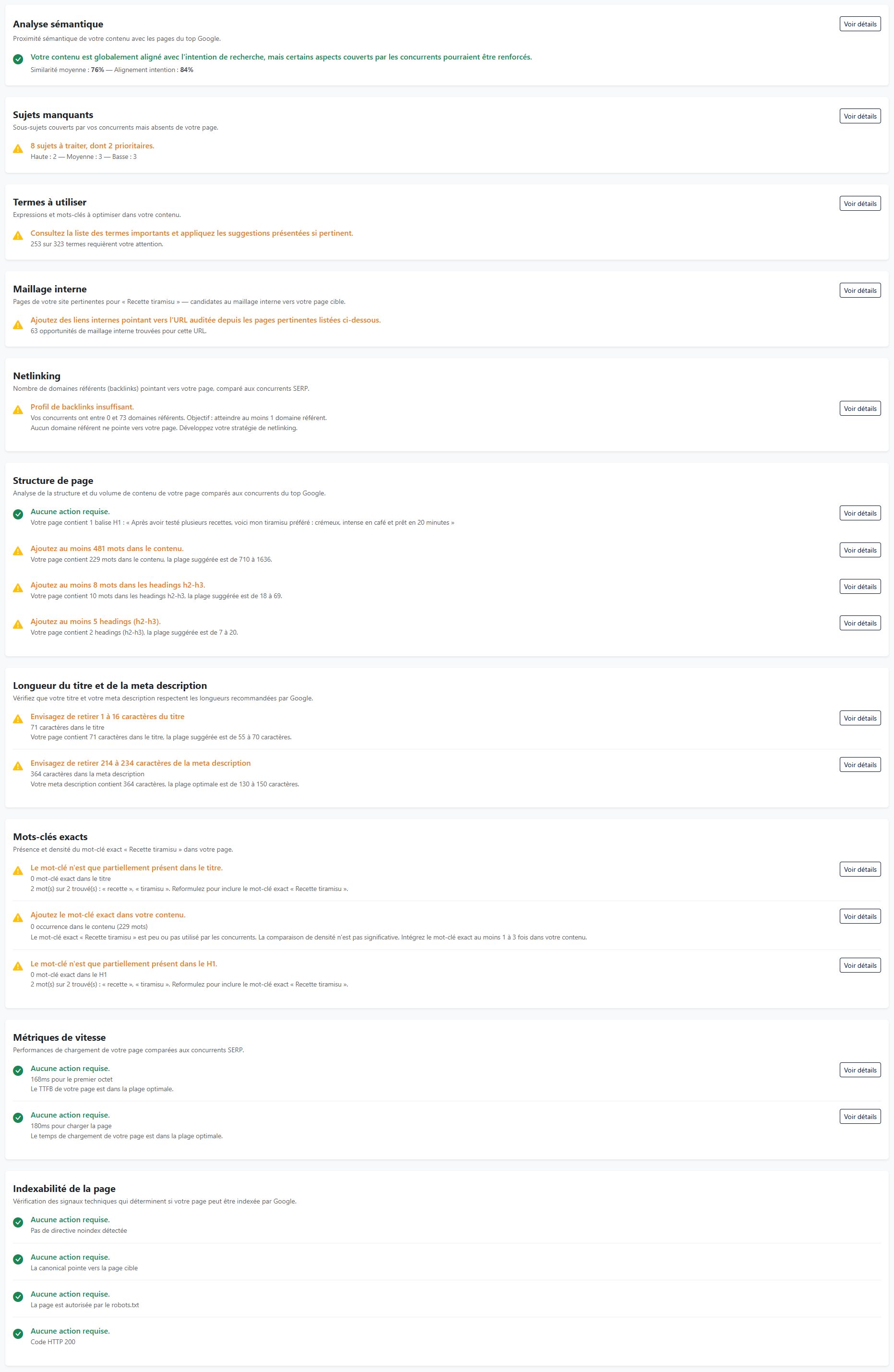 Modules d'analyse d'un audit SEO Horusium : sémantique, termes, maillage, mots-clés exacts, structure, métadonnées, vitesse, indexabilité